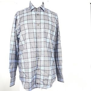 Kenneth‎ Roberts Dress Shirt Button Down Plaid Collar Career Work Blue Brown